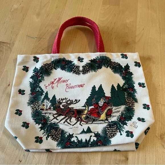 Vintage Small Hand Purse Bag Merry Christmas Santa Sleigh Heart Books - Picture 2 of 7